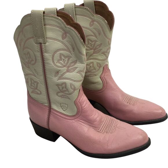 Ariat Cowboy Boots Leather Pull-On Block-Heel Pink Cream Size US 5 - Picture 1 of 13